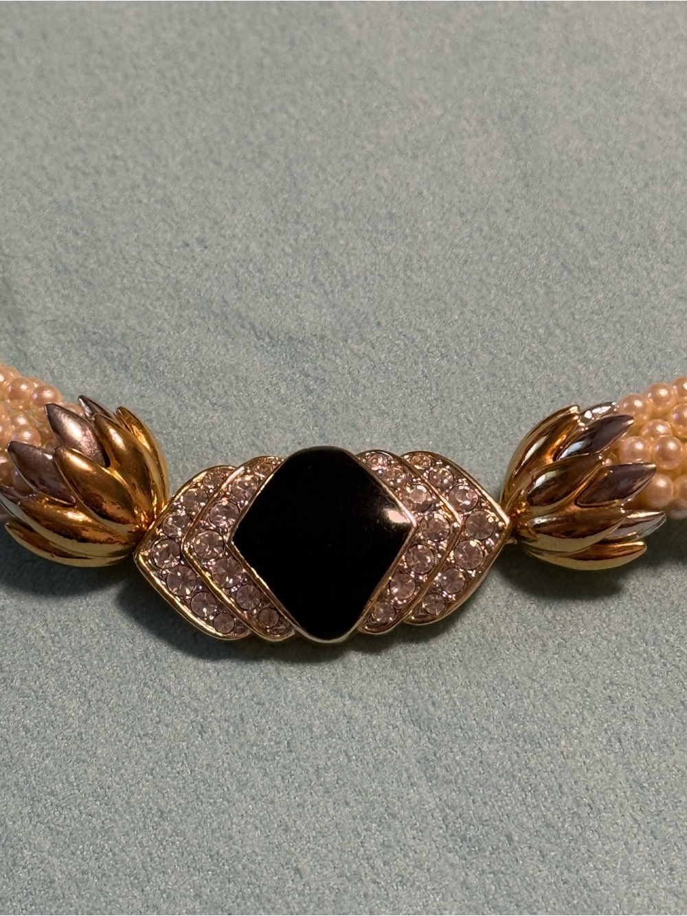 Vintage Multi-Strand Faux Pearl Necklace with Black Enamel front clasp Necklace - Picture 12 of 15